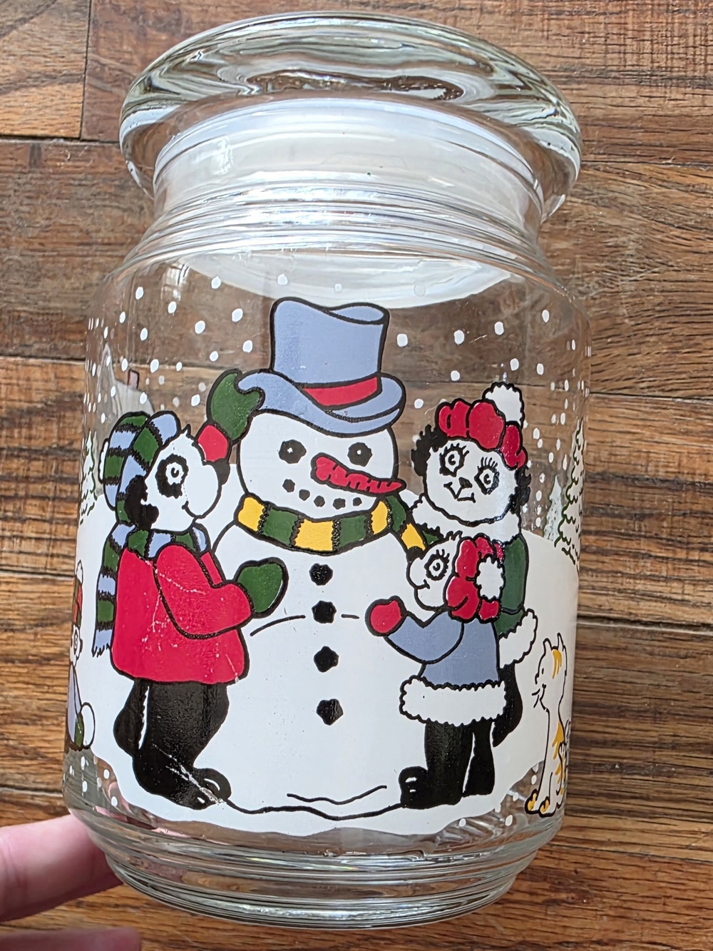 Vintage Holiday Snowman Family Glass Cookie Jar